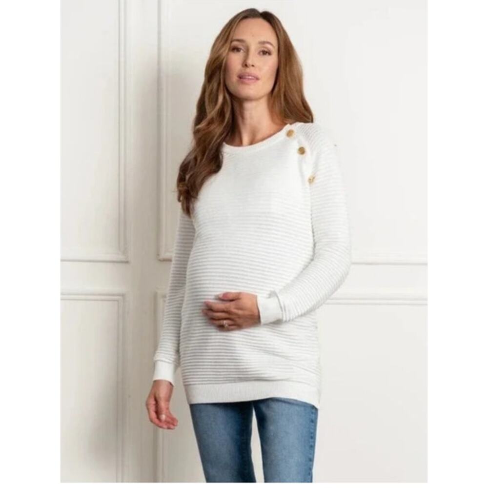 Seraphine Maternity Nursing Sweater XS Ivory Ribbed Gold Button Shoulder Cotton